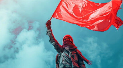 A red flag is held high by an aggressive man in balaclava, against the background of blue smoke and clouds.  - obrazy, fototapety, plakaty