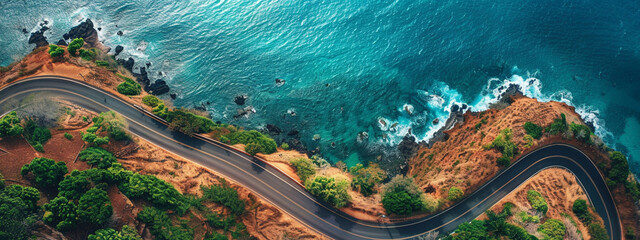 road on the ocean shore top view