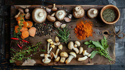 Kitchen board with neatly arranged champignons, vegetables and spices
