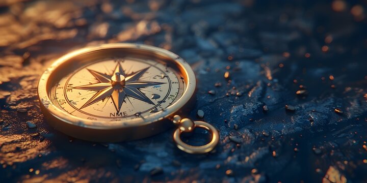 Vintage Compass Pointing Towards Uncharted Paths of Dreams and Imagination in Rendered Scene