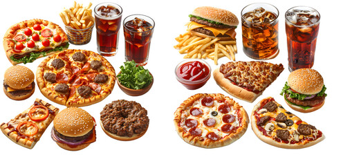 Pizza, hamburger, French fries, cola, fast food, set isolated on a transparent PNG background, white background , Generative Ai