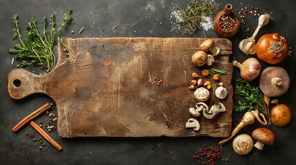 Obraz na płótnie Canvas Kitchen board with neatly arranged mushrooms, vegetables and spices