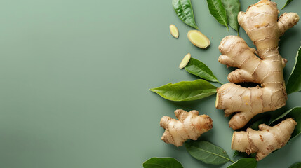 Ginger root, known for its renowned beneficial properties, is displayed on an isolated green background, accentuating its innate health benefits and wholesome attributes - obrazy, fototapety, plakaty