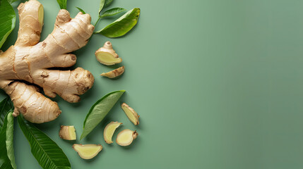 Ginger root, recognized for its renowned beneficial properties, is exhibited on an isolated green background, highlighting its intrinsic health benefits and wholesome characteristics - obrazy, fototapety, plakaty
