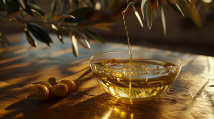 Golden olive oil flows into a glass bowl with olives and a branch in the background.