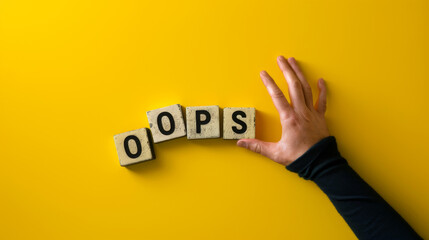 A hand hovers beside the word "OOPS" spelled out on a yellow background.