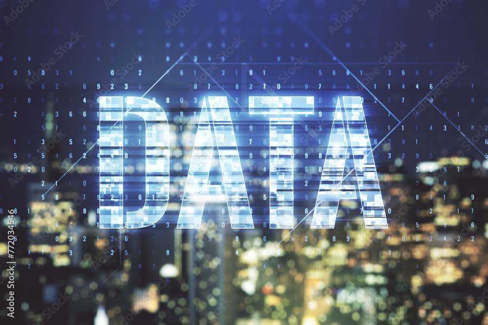 Poster data word hologram on blurry office buildings background, big data and blockchain concept. multiexpo