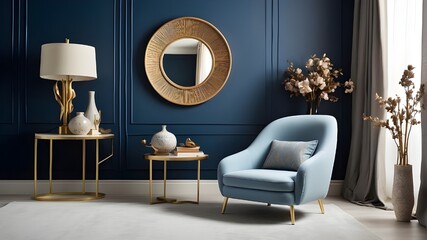 "An elegant living room interior is showcased, featuring a stylish blue armchair set against a matching blue wall. The armchair exudes sophistication with its sleek lines and plush upholstery, invitin