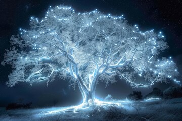 A single tree, its branches laden with snow, standing in a vast snowy field. The sky is a deep blue, filled with twinkling stars.
