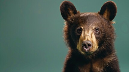 close-up of a young honey bear on a green background, gazing directly at the camera in a professional photo studio setting. Perfect for a pet shop banner or advertisement - obrazy, fototapety, plakaty