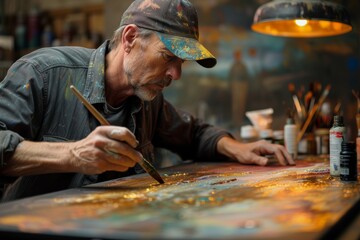 Detailed process of wood painting, focus on brush strokes and paint absorption, studio lighting