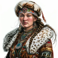 A Russian Siberian native, in traditional dress, preserving the cultural heritage of Siberia's indigenous peoples on white background. 