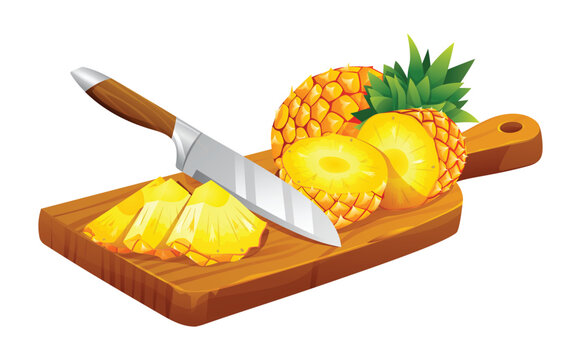 Sliced pineapples with knife on wooden cutting board. Vector illustration isolated on white background