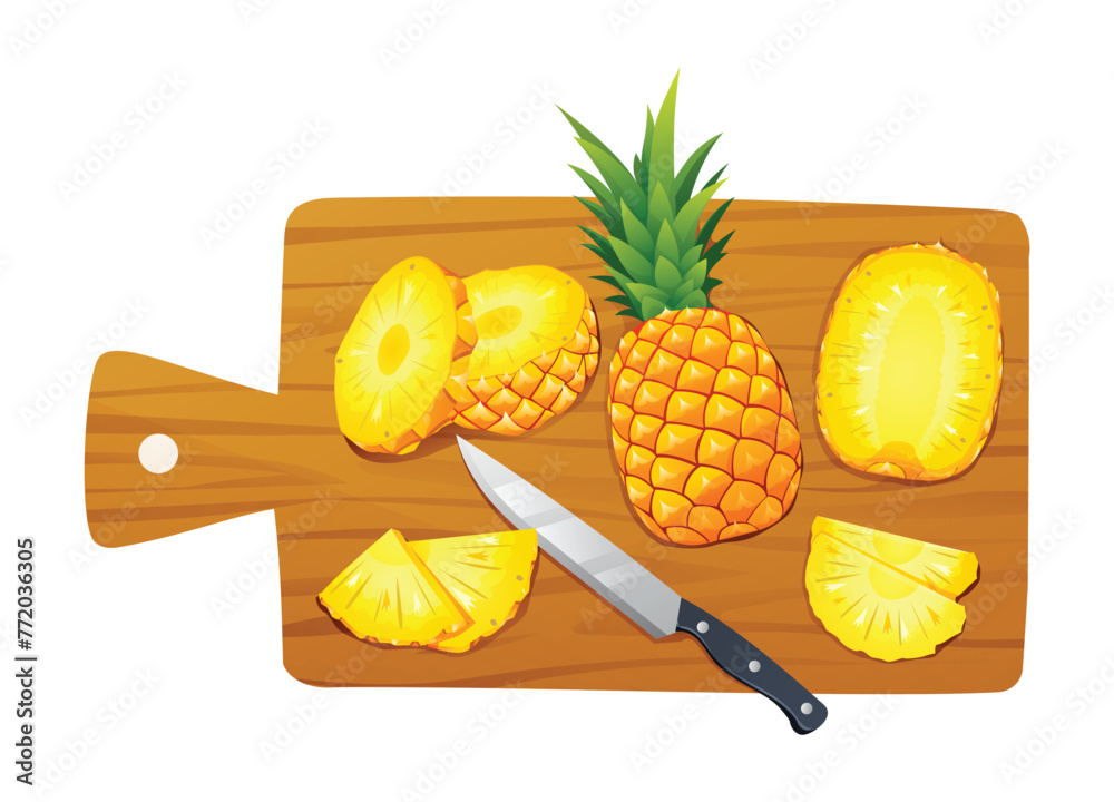 Wall mural sliced pineapples with knife on cutting board. vector illustration isolated on white background