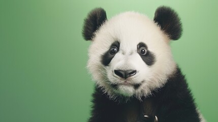 close-up of a young panda on a green background, gazing directly at the camera in a professional...