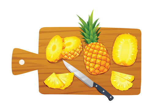 Sliced pineapples with knife on cutting board. Vector illustration isolated on white background