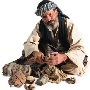A Jordanian archaeologist, with ancient artifacts, dedicated to uncovering Jordan's rich historical past on white background. 