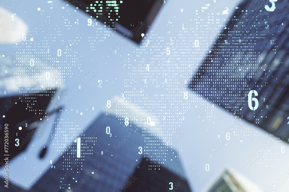 Aufkleber Multi exposure of abstract graphic coding sketch and world map on modern architecture background, big data and networking concept