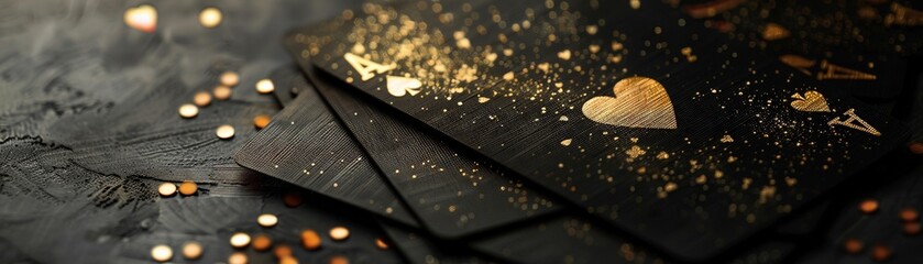 black poker cards with gold highlights on black background, simple design, simple style