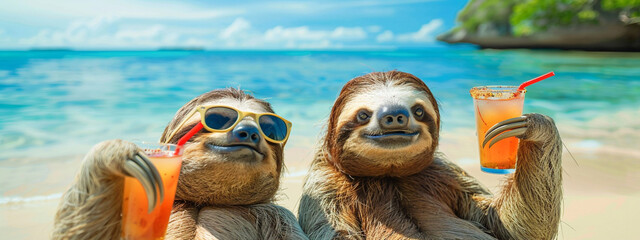 two sloths with a cocktail on the beach - obrazy, fototapety, plakaty