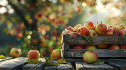 A wooden crate overflows with apples amid scattered leaves on a rustic table, basked in warm sunlight and bokeh.