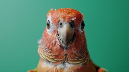 close-up of a young parrot on a green background, gazing directly at the camera in a professional photo studio setting. Perfect for a pet shop banner or advertisement