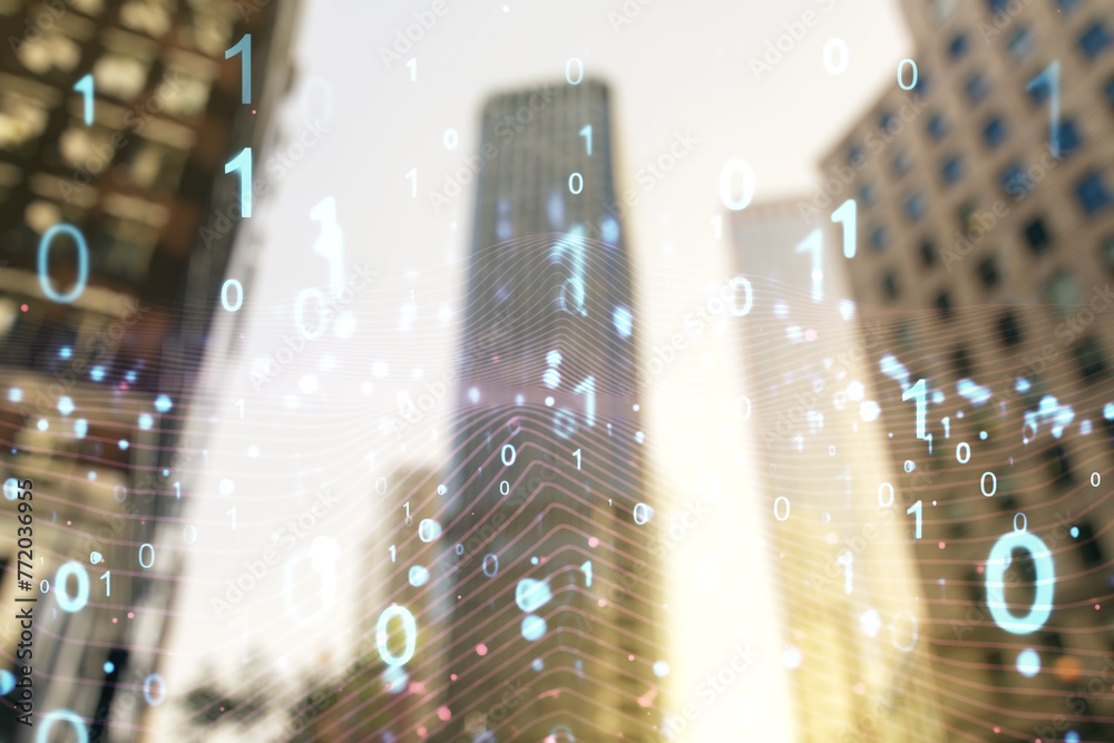 Aufkleber abstract virtual binary code illustration on office buildings background. big data and coding concep