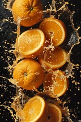 M tied together with orange juice, the oranges splash and burst in an explosion of color The juice splashes
