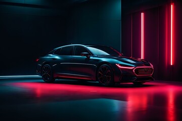 Fototapeta premium Midnight Pulse Auto.A captivating image of a sleek car against the backdrop of glowing neon lights, embodying the spirit of nocturnal elegance and modern automotive design.