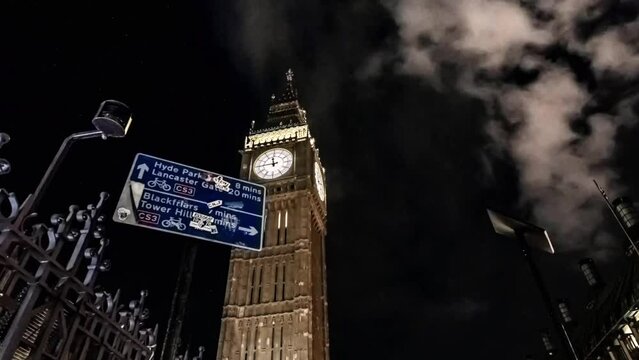 London's iconic Big Ben in a hyper-lapse clip captured before midnight in July 2023.