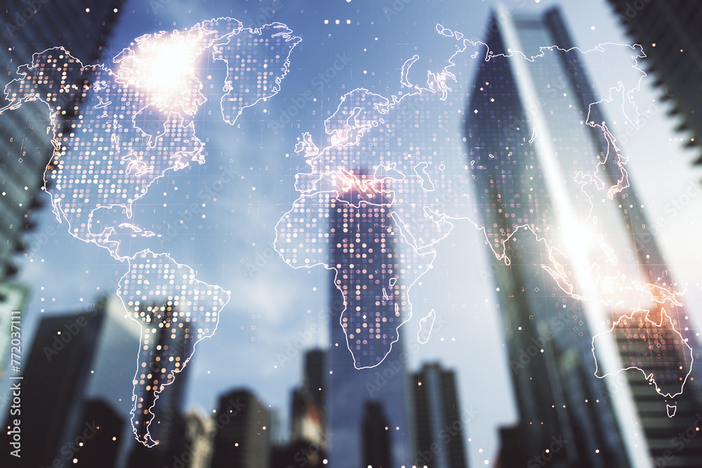 Poster multi exposure of abstract graphic world map hologram on blurry cityscape background, connection and