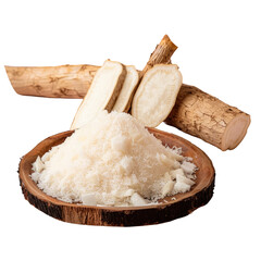 Wooden bowl of shredded horseradish next to roots, key ingredient for cooking on a transparent background