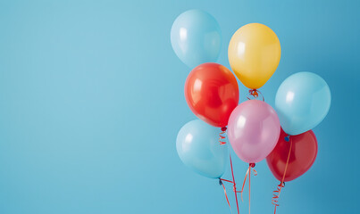 Bunch of bright balloons on blue background, space for text.Generative AI 