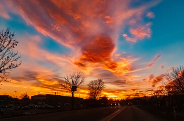 Sunset with dramatic clouds near Plattling, Isar, Deggendorf, Bavaria, Germany