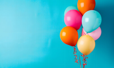 Bunch of bright balloons on blue background, space for text.Generative AI 