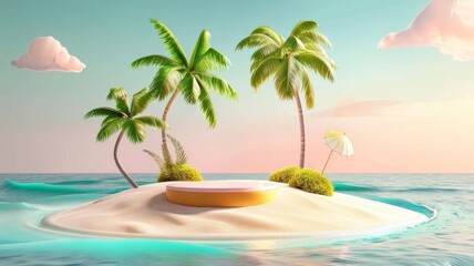 Fototapeta na wymiar Isolated sandy island with vibrant foliage - A digitally rendered serene tiny island with palm trees and greenery, symbolizing peace and solitude on a surreal sunset backdrop
