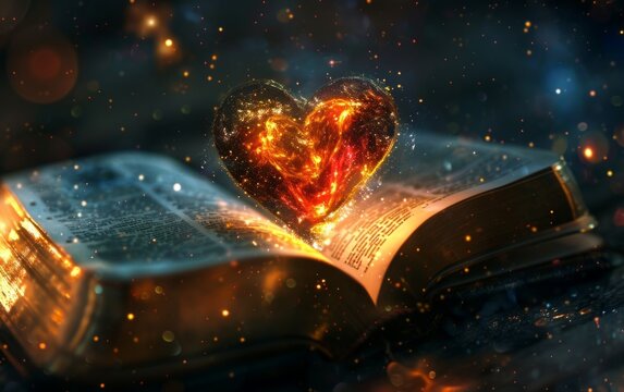 Magical glowing heart in an open book - A heart made of starlight emerges from an open book, symbolizing love for literature and the magic of reading