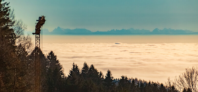 Winter view above the clouds with the alps in about 150 Km distance near Kostenz, Perasdorf, Straubing-Bogen, Bavarian forest, Bavaria, Germany