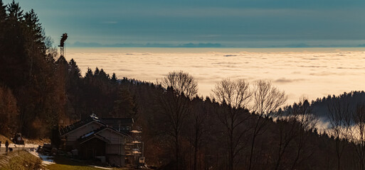 Winter view above the clouds with the alps in about 150 Km distance near Kostenz, Perasdorf,...