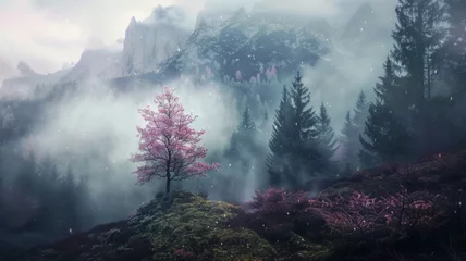 Foto op Plexiglas Enchanting cherry blossom tree amid misty mountains - A stunning cherry blossom tree stands out in a mystic landscape surrounded by mist and mountainous terrain © Mickey