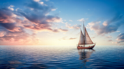 Sailboat on the open sea in the sunshine