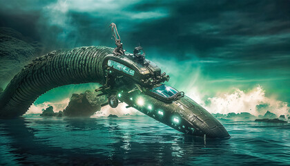 Sublime vaisseau géant en forme de serpent qui plonge dans l'océan, science fiction, image bleutée, verte