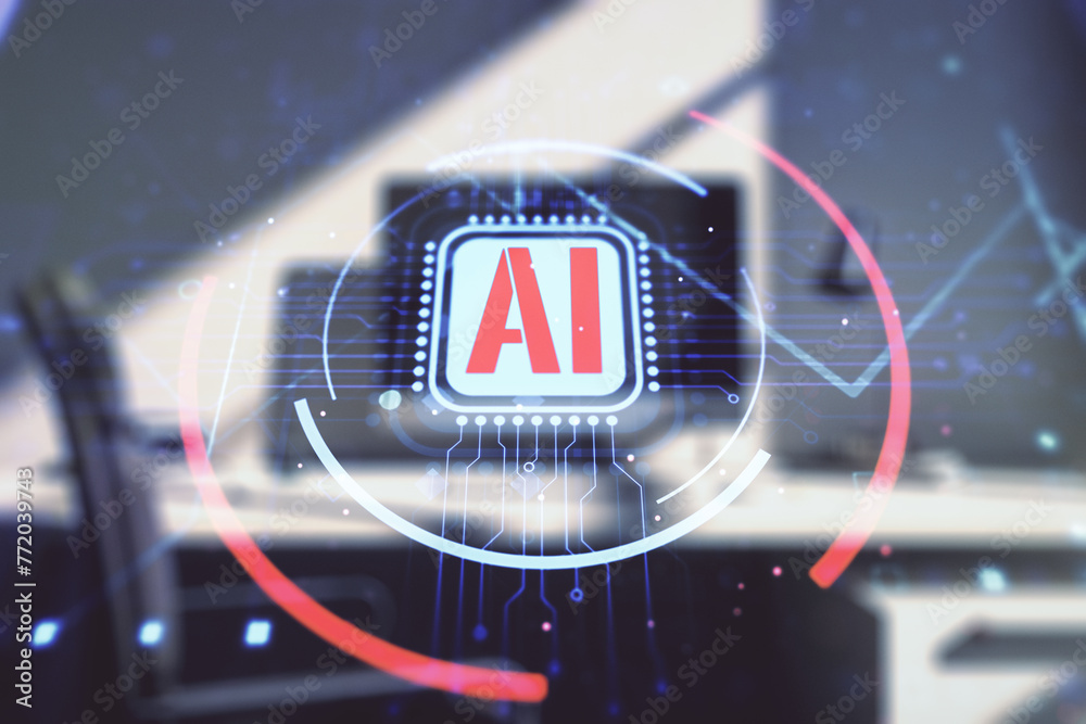 Poster Double exposure of creative artificial Intelligence abbreviation and modern desk with computer on background. Future technology and AI concept