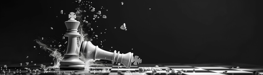A white chess queen piece smashing into the ground, pieces flying around, black and white