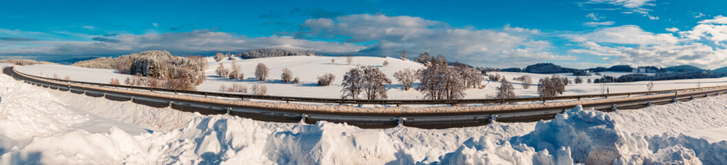High resolution stitched winter wonderland panorama near Kirchberg im Wald, Bavarian forest, Bavaria, Germany