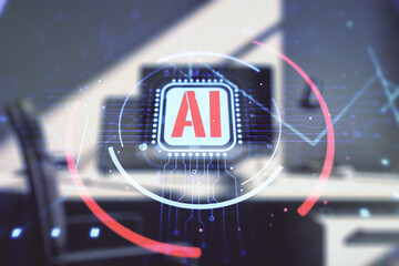 Double exposure of creative artificial Intelligence abbreviation and modern desk with computer on background. Future technology and AI concept - obrazy, fototapety, plakaty