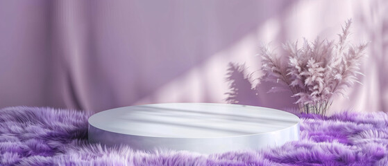 white podium product presentation on purple fur with shade from side window and curtain backdrop
