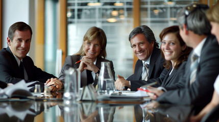 Happy businesspeople having a meeting in a boardroom::