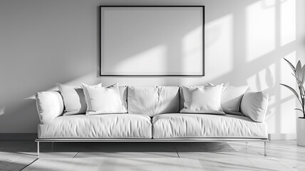 A minimalist, white, modern setting. Modern living room poster arrangement featuring a white sofa and ample room for replication. superior quality image.