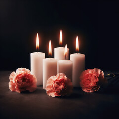 Burning candles with carnation flowers on dark background. Mourning concept